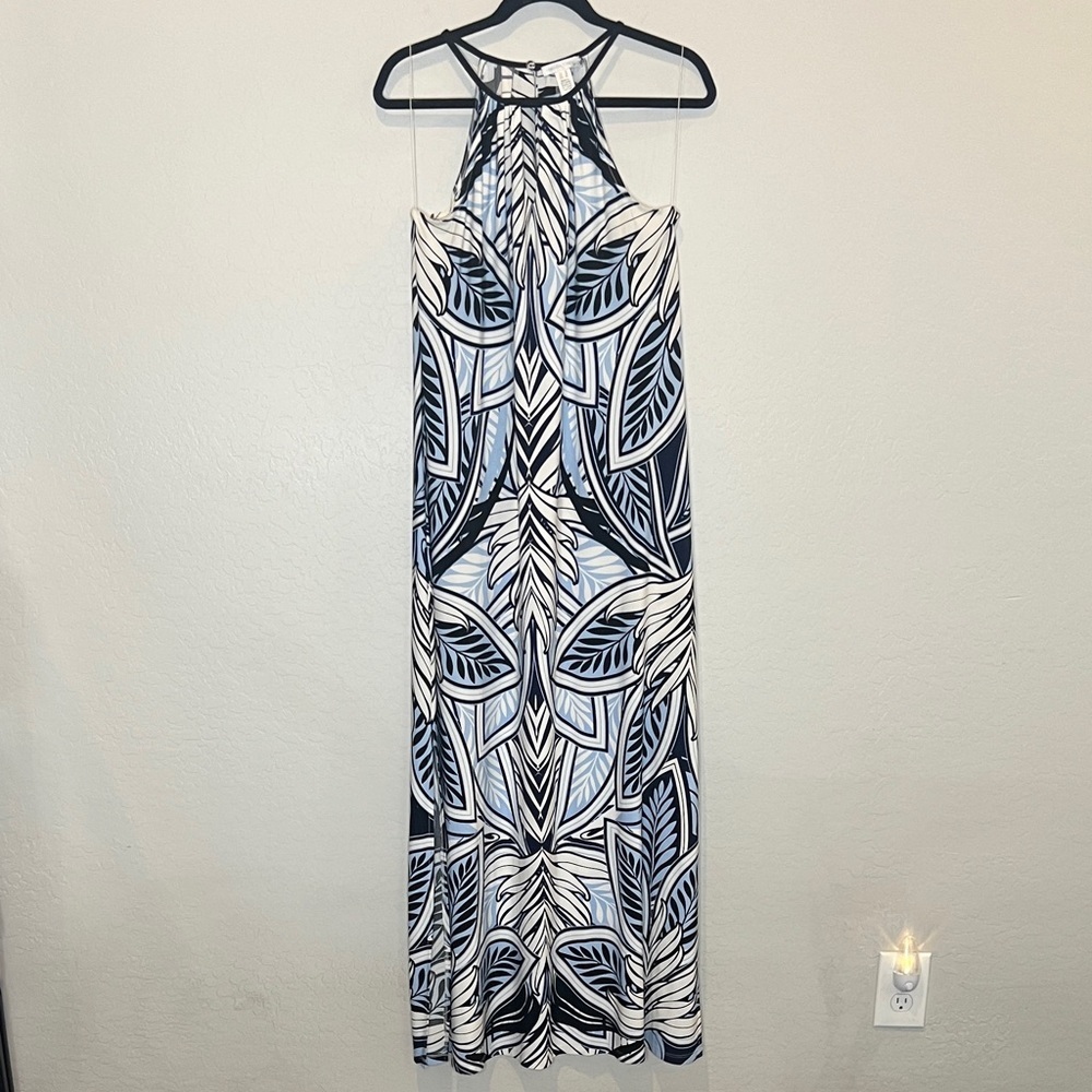 London Times Blue & White Leaf Print Halter Maxi Dress size 12